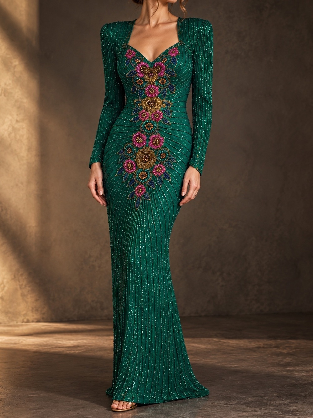 Vintage 1980s Emerald Hand Beaded Sequin Floral Open Back Gown XS S